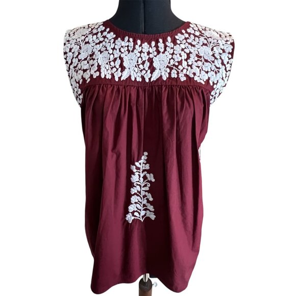 Boho Chic Maroon Sleeveless Embroidered Top With Floral White Detailing Medium S - Picture 3 of 8